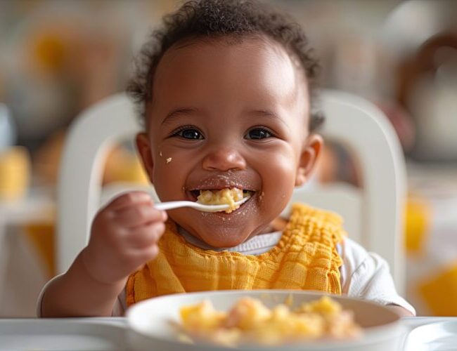 12 - 18 month old kid independently eating soft cereal with a spoon.